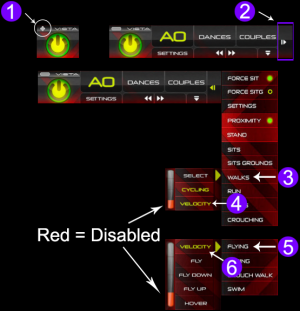 Instructions on how to access the HUD's drop-down list of animation settings. Steps 3 & 4 accesses Walk & Run speed enhancer settings. Steps 5 & 6 accesses Flight enhancer settings. A single red bar segment indicates the enhancer is disabled.